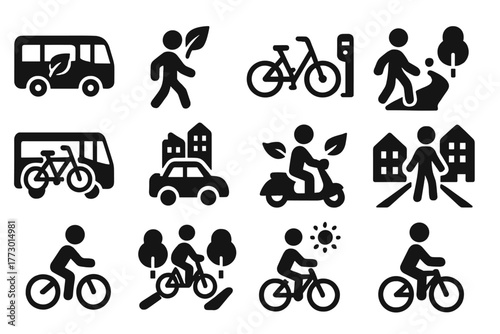 Eco-Friendly Transport Icons. Solid style icons of Eco and transport themes: sustainable transport, green commute, bike sharing,