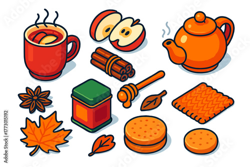 Autumn Beverage Icons. Isometric vector illustration set autumn drinks and tea: apple cinnamon tea, apple slices, cinnamon bundle,