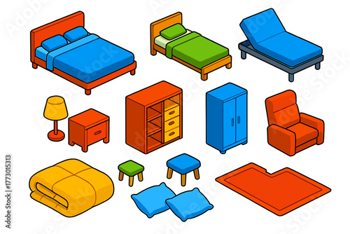 Vibrant Bedroom Icons. Isometric vector illustration set bedroom elements collection: queen-size bed, twin bed, adjustable bed,