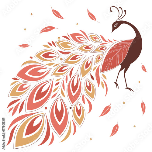 Elegant stylized peacock with flowing tail feathers in warm coral and gold tones against a clean white abstract floral background with birds