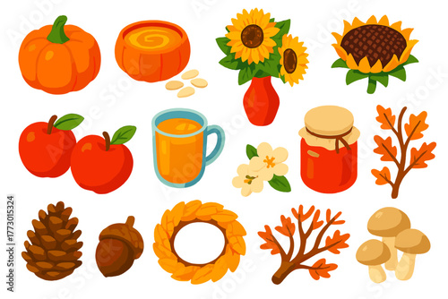 Autumn Harvest Icons. Isometric vector illustration set pumpkin, sunflower, apples, and more: pumpkin soup bowl, pumpkin seeds,