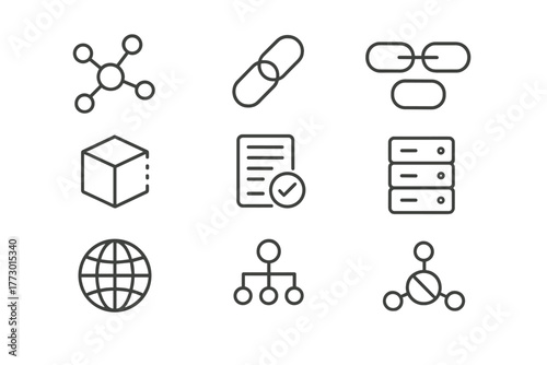 Blockchain Network Icons. Line style icons of Blockchain Network: Node, Link, Chain, Data Block, Smart Contract, Server, Globe,