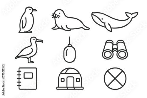 Polar Wildlife Icons. Line style icons of Polar Wildlife Study: Penguin, Seal, Whale, Albatross, Tagging Device, Binoculars,