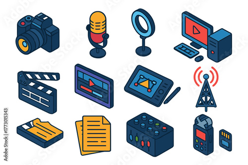 Media Creation Tools. Isometric vector illustration set Media Creation and Publishing: DSLR camera, podcast mic, ring light,
