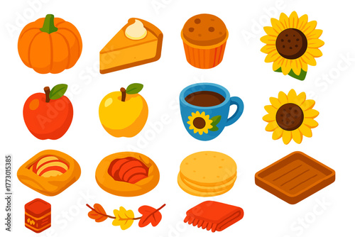 Autumn Harvest Delights. Isometric vector illustration set pumpkin, sunflower, apples, and more: pumpkin cheesecake, pumpkin