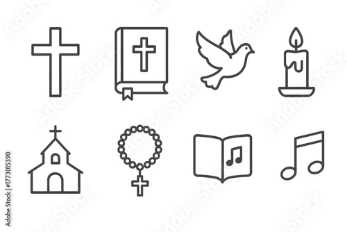 Spiritual Symbols Icons. Line style icons of Spiritual Symbols: Cross, Bible, Dove, Candle, Church, Rosary, Music Notes, Hymn Book