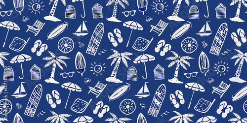 Whimsical hand drawn summer vacation pattern with beach elements on a blue background