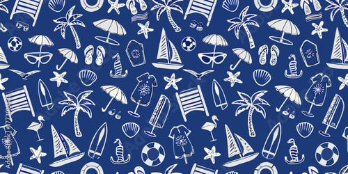 Charming hand drawn summer beach vacation icons pattern on deep blue background