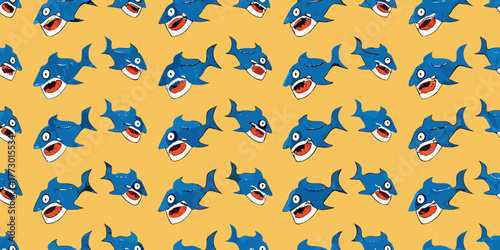 Seamless pattern of cartoon blue sharks with open mouths and sharp teeth on a yellow background