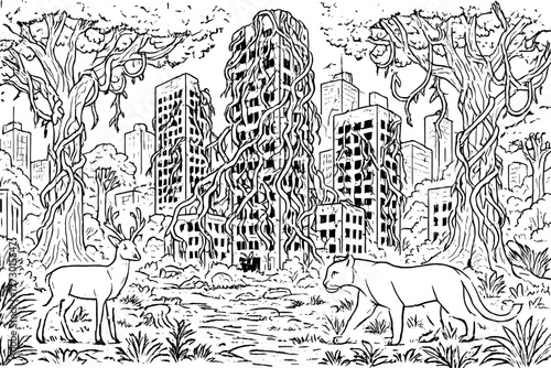 Nature Reclaims Cityscape. Abandoned city overtaken by giant trees, vines wrapping around skyscrapers, and wild animals roaming,