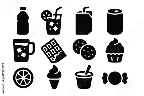 Beverages and Treats Icons. Solid style icons of Drinks and treats: water bottle, lemonade, juice box, soda can, iced tea,