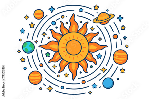 Vibrant Celestial Symphony. Sun in the center with planets, flames, stars, and orbits radiating outward in celestial symmetry,
