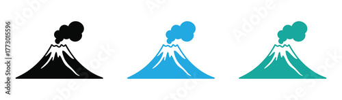 Volcano eruption vector silhouette set, explosive mountain icons, volcanic activity design, lava explosion clipart, natural disaster illustration