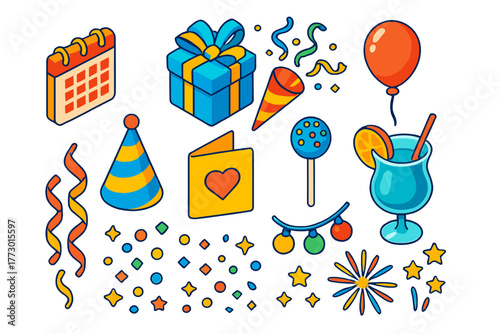 Colorful Celebration Icons. Isometric vector illustration set Celebration and Events: calendar, gift box, confetti, balloon, party