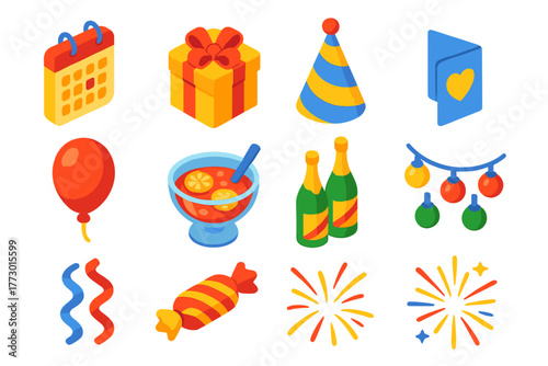Festive Icons Collection. Isometric vector illustration set Celebration and Events: calendar, gift box, confetti, balloon, party