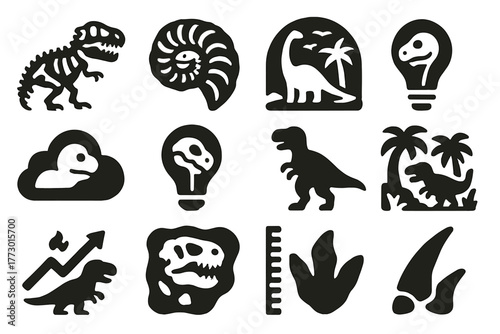 Dinosaur Icons Collection. Solid style icons of Dinosaur inspiration: skeleton sketch, fossil pattern, prehistoric scene, creative