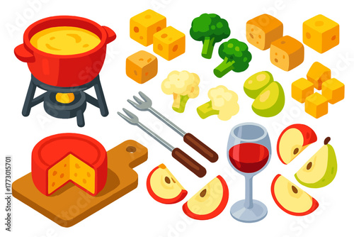 Colorful Fondue Essentials. Isometric vector illustration set cooking themes: fondue pot, cheese cubes, bread chunks, broccoli