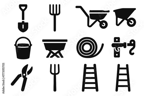Farm Tools Icons. Solid style icons of Farm tools: shovel, pitchfork, rake, wheelbarrow, bucket, feeding trough, rope, gate latch,