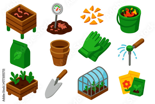 Sustainable Gardening Icons. Isometric vector illustration set recycling, sustainability, and minimalist design for a greener