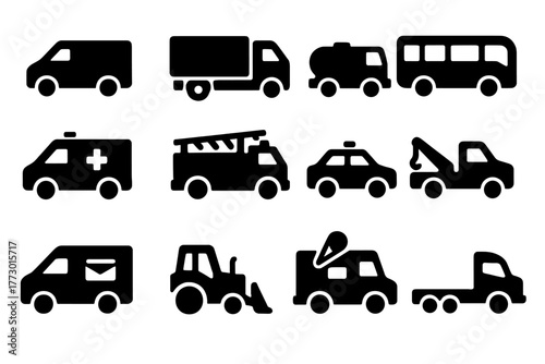 Transport Icons Collection. Solid style icons of Transport and logistics: delivery van, cargo truck, fuel tanker, bus, ambulance,