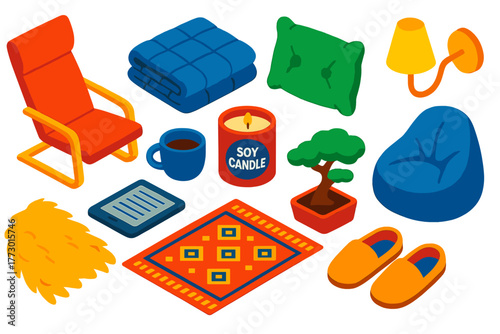 Relaxation Essentials Icons. Isometric vector illustration set relaxation and comfort: reclining lounge chair, weighted blanket,