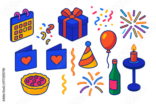 Celebration Icons Extravaganza. Isometric vector illustration set Celebration and Events: calendar, gift box, confetti, balloon,