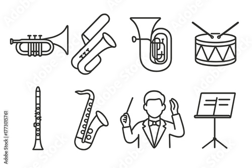 Brass Band Icons. Line style icons of Brass Band: Trumpet, Trombone, Tuba, Drum, Clarinet, Saxophone, Conductor, Music Stand, No