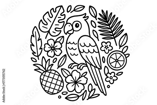 Tropical Parrot Mandala. Parrot in the center with tropical leaves, fruits, feathers, and flowers arranged in decorative circular