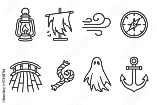 Ocean Phantom Icons. Line style icons of Ocean Phantom: Lantern, Tattered Sail, Mist, Compass, Ship Deck, Broken Rope, Ghostly