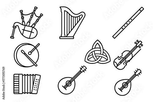 Celtic Music Icons. Line style icons of Celtic Folk: Bagpipes, Harp, Flute, Drum, Celtic Knot, Violin, Accordion, Mandolin, No