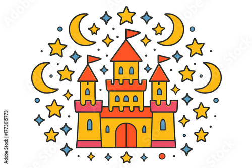 Majestic Castle Mandala. Castle in the middle with towers, flags, moons, and stars radiating outward in majestic mandala symmetry,