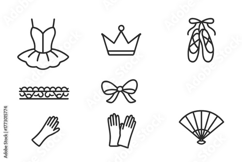 Ballet Costume Icons. Line style icons of Ballet Costume: Tutu, Bodice, Crown, Slippers, Lace, Ribbon, Gloves, Fan, No text, No