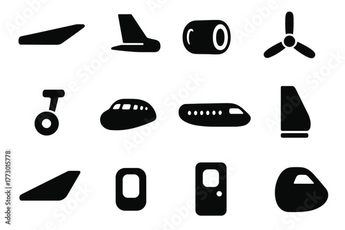 Airplane Parts Icons. Solid style icons of Airplane parts: wings, tail, engine, propeller, landing gear, cockpit, fuselage, rudder