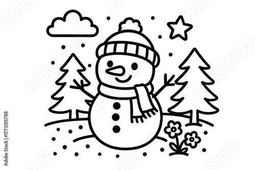 Playful Snowman Scene. A cute snowman in a playful scene with friendly details, black and white line art, children’s coloring book