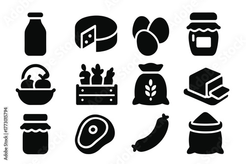 Farm Produce Icons. Solid style icons of Farm produce: milk bottle, cheese wheel, eggs, honey jar, fruit basket, vegetable crate,