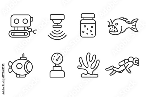 Deep Sea Exploration Icons. Line style icons of Deep Sea Research: ROV, Sonar, Sample Container, Abyssal Creature, Submersible,