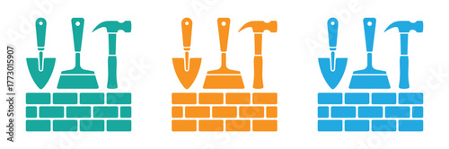 Brick wall construction icon with trowel silhouette on white background