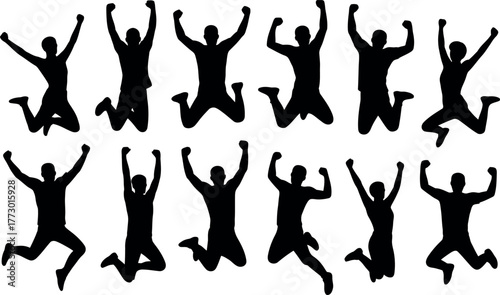Silhouette of many jumping people celebrating success and positive achievements background
