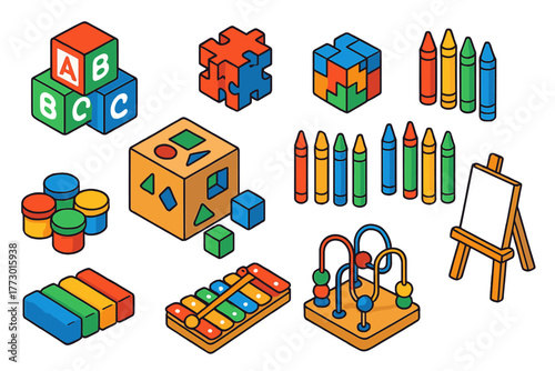 Colorful Kids' Toys. Isometric vector illustration set abc blocks, puzzles, crayons, and more: pastel ABC blocks, number blocks,