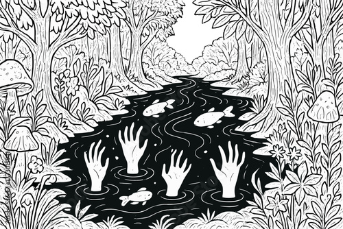Enchanted River Mystique. Enchanted river flowing through the forest with glowing fish, strange plants, and ghostly hands reaching