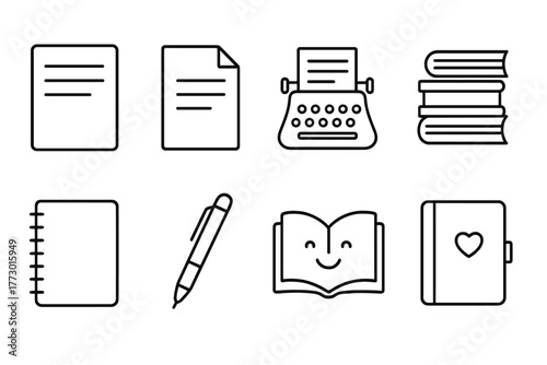 Prose Icons Collection. Line style icons of Prose: Paragraph, Paper Sheet, Typewriter, Book Stack, Notebook, Pen, Story Symbol,