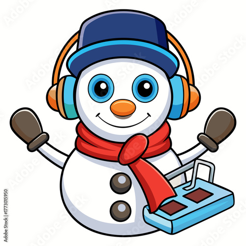 Snowman DJ playing music for Christmas and New Year celebration on white background