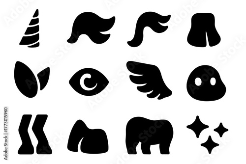Unicorn Anatomy Icons. Solid style icons of Unicorn anatomy: horn, mane, tail, hooves, ears, eyes, wings, muzzle, legs, body,