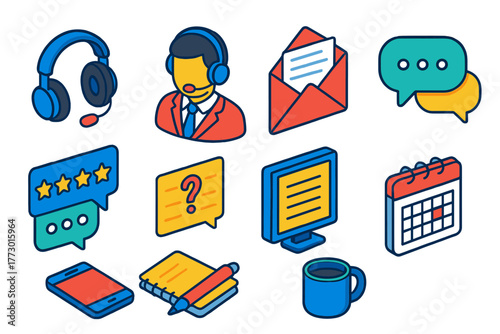 Support Icons Collection. Isometric vector illustration set headset, support agent, email, messaging, feedback, inquiry: over-ear