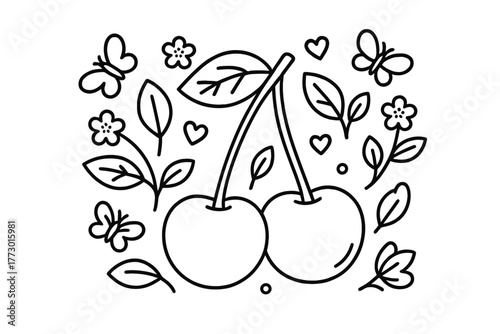 Cherry Blossom Symphony. Cherry pair in the center with blossoms, leaves, small hearts, and butterflies arranged symmetrically,