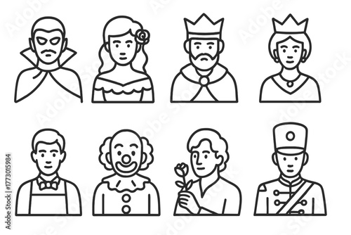 Opera Character Icons. Line style icons of Opera Characters: Villain, Heroine, King, Queen, Servant, Clown, Lover, Soldier, No