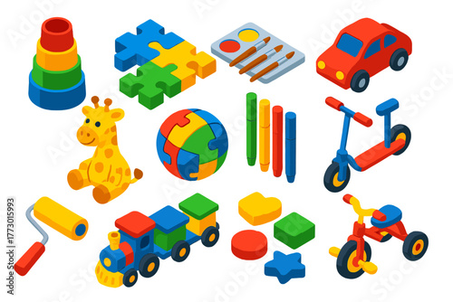 Creative Kids Playtime. Isometric vector illustration set Creative Kids and Play: stacking cups, puzzle blocks, paintbrush set,