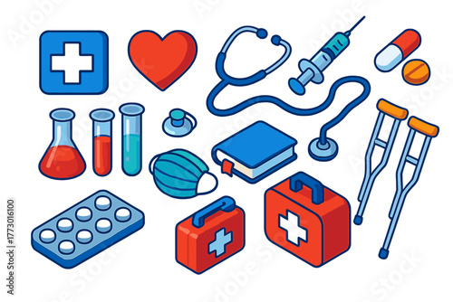 Healthcare Essentials Icons. Isometric vector illustration set Medical and Healthcare Essentials: health cross, heart, stethoscope