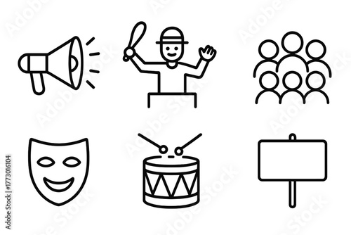 Street Theater Icons. Line style icons of Street Theater: Megaphone, Performer, Hat, Crowd, Mask, Drum, Banner, Sign, No text, No
