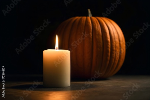 Pumpkin and burning candle on dark background, cozy Halloween still life
